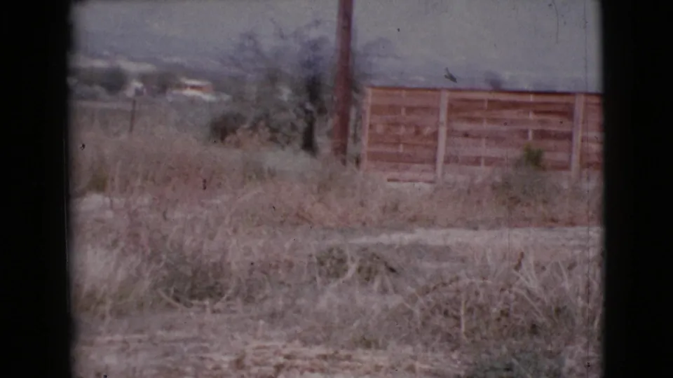 1964 Cottonwood, Arizona 8mm frame with dry grass, scrub growth, a wooden fence, utility pole, and distant buildings beyond the lot.