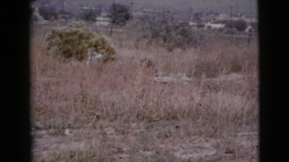 1964 Cottonwood, Arizona home-movie frame showing dry grasses, desert shrubs, and a distant small settlement.