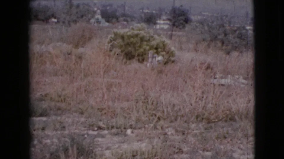 1964 Cottonwood, Arizona frame of scrubby open land with distant homes and utility poles in soft 8mm color.