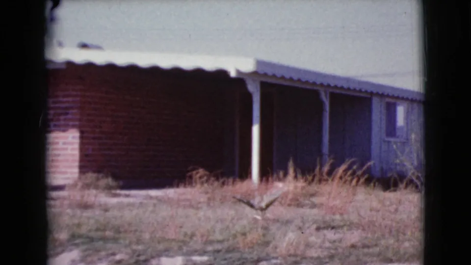 1964 Cottonwood, Arizona frame with a closer look at the house porch, dark doorway, brick wall, and overgrown dry yard.