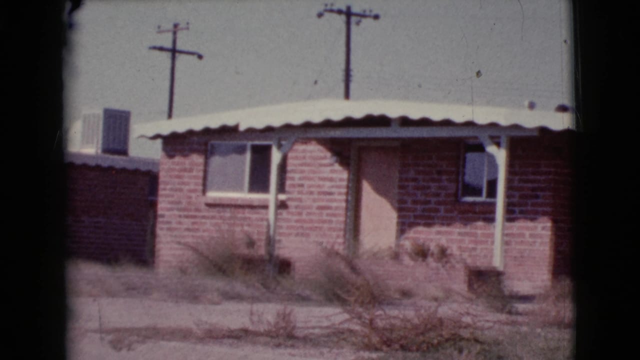 Red-brick single-story house with a white roof edge, porch posts, dry yard, and utility poles.