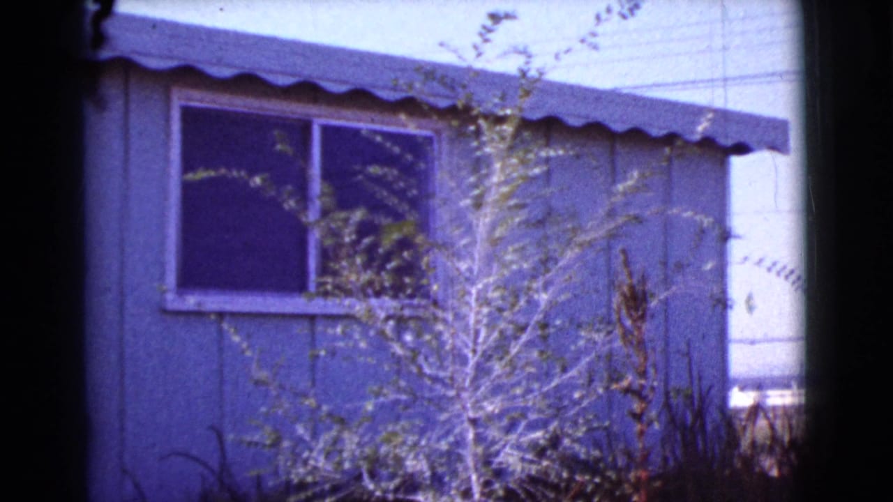 Blue house exterior with scalloped awning, window, leafy tree, and dry plants in front.