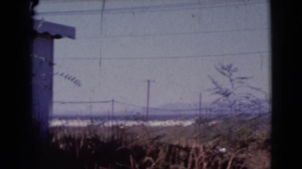 1964 Cottonwood, Arizona 8mm frame showing dry roadside vegetation, utility poles, overhead wires, distant white buildings, and faint hills.