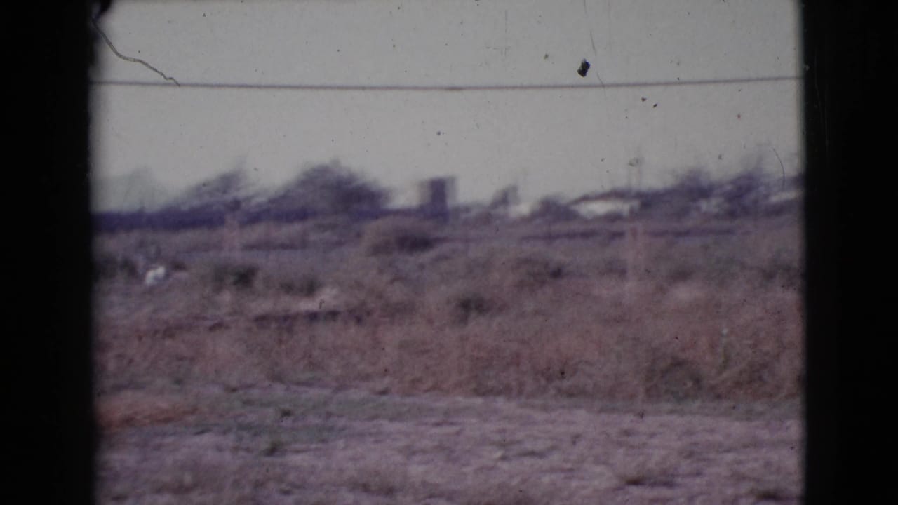 Dry open ground with brown grass, distant trees, utility lines, and dark film borders.