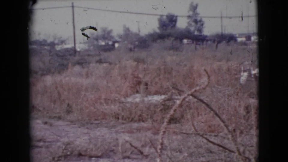 1964 Cottonwood, Arizona frame with dry brush, foreground branches, utility lines, and distant town-edge vegetation.