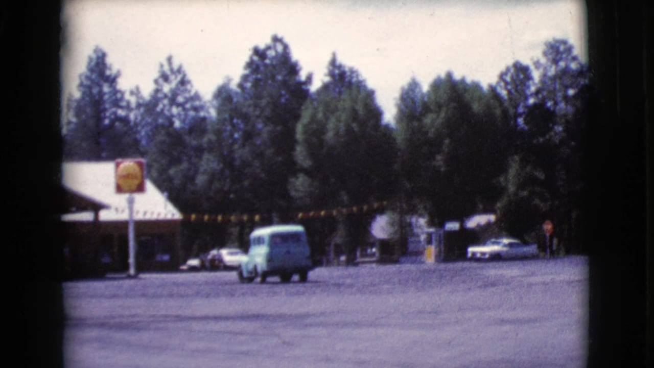Roadside gas station lot with a light blue van, yellow sign, low building, cars, and trees.