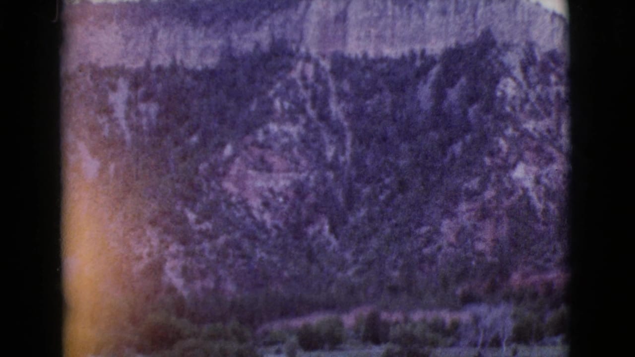 Purple-toned forested ridge under a pale sky with film borders visible.