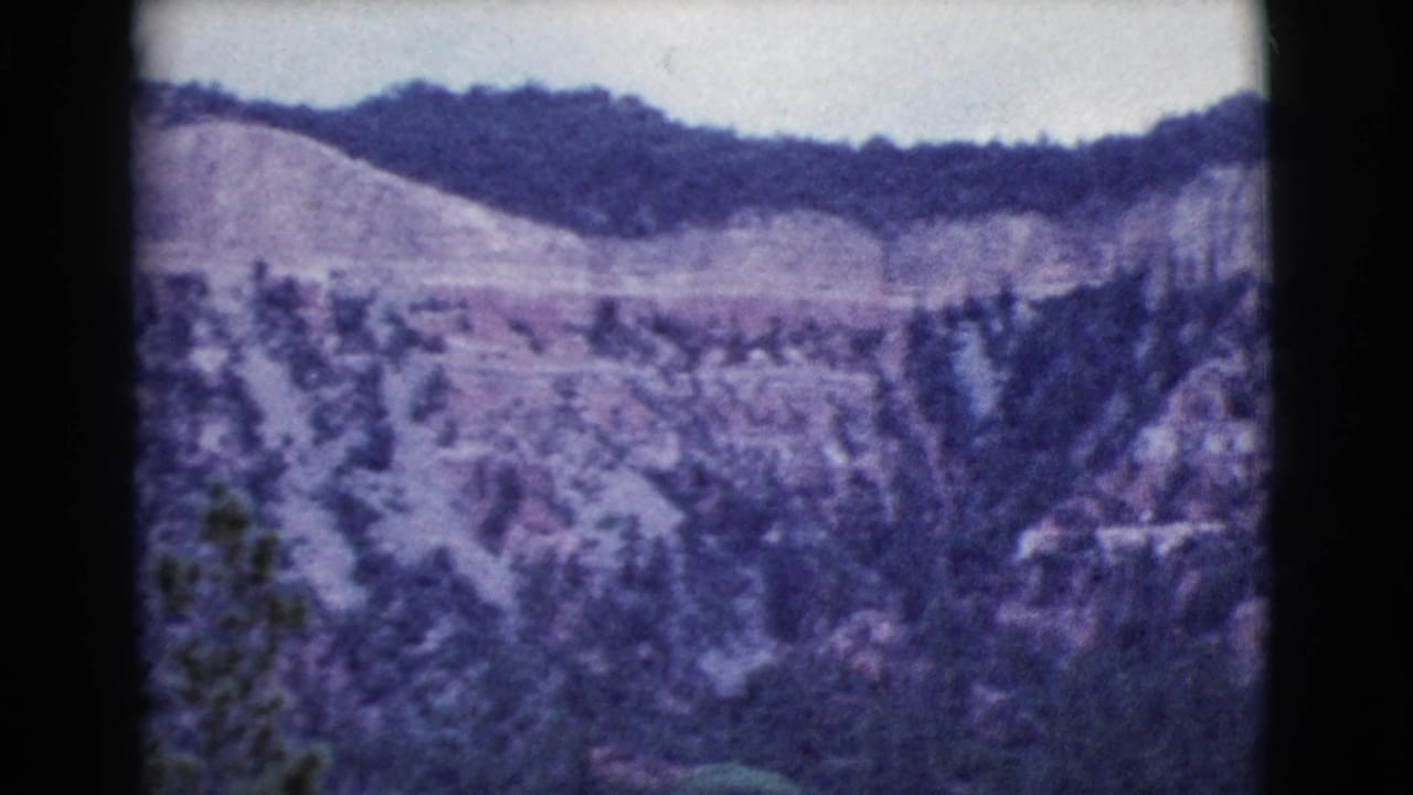 Rocky hillside with tree-covered slopes beneath a pale sky.