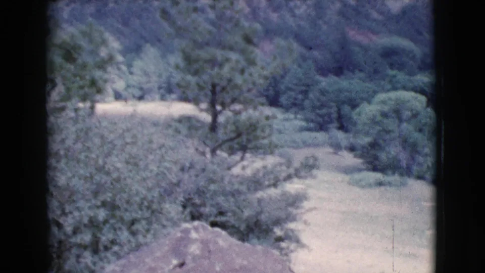 Cottonwood, Arizona 8mm frame showing a pale dirt path, trees, scrub, and rocky slopes in the distance.