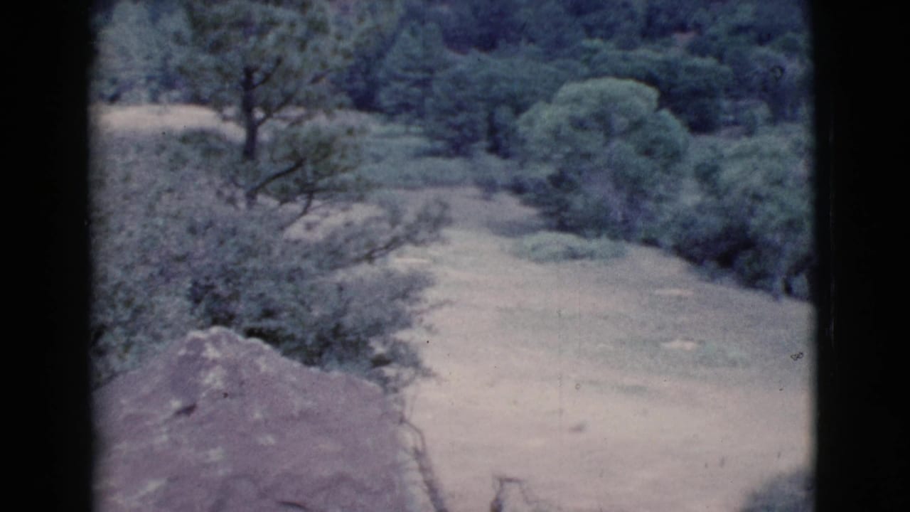 Dusty field bordered by bushes and trees, seen through dark film gate edges.