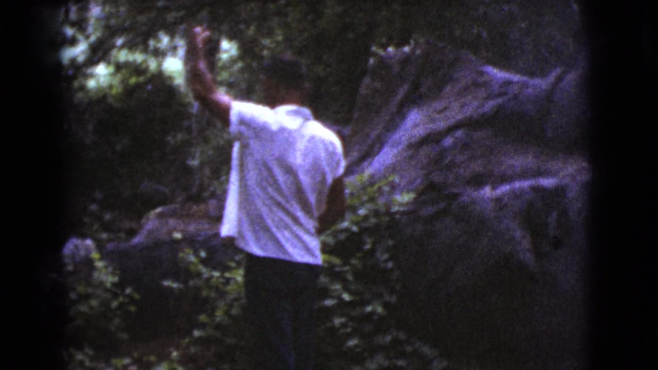 Man in a white shirt raises one arm near trees and large rocks.