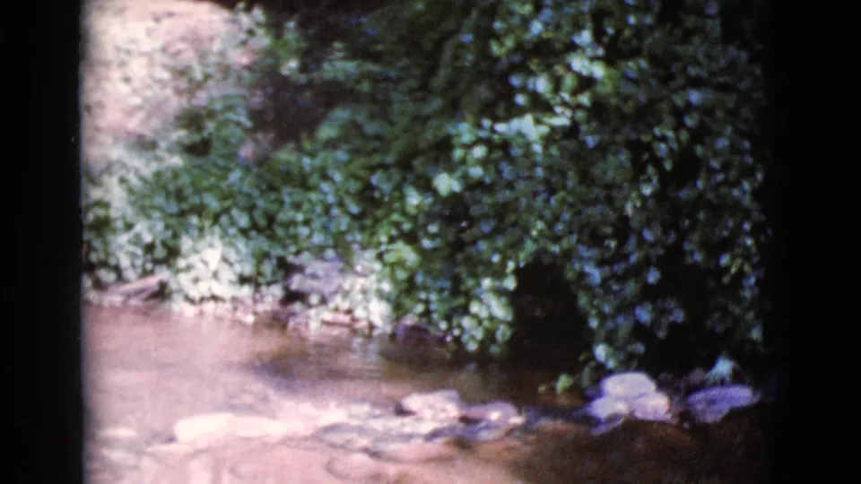 1964 Cottonwood, Arizona 8mm frame showing a shallow stream, rocks, leafy bank, and dark film-frame edges before the man enters view.
