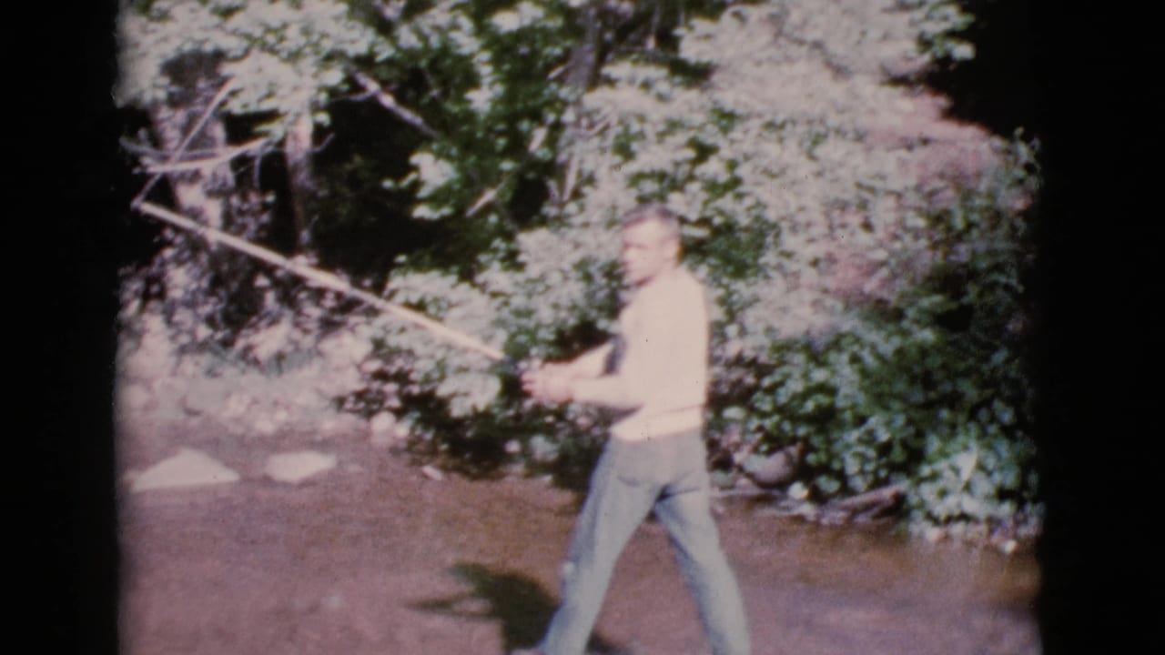 Man casting a fly fishing rod across a shallow stream bordered by trees.