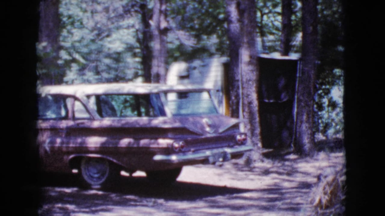 Maroon station wagon parked among trees at a campsite.