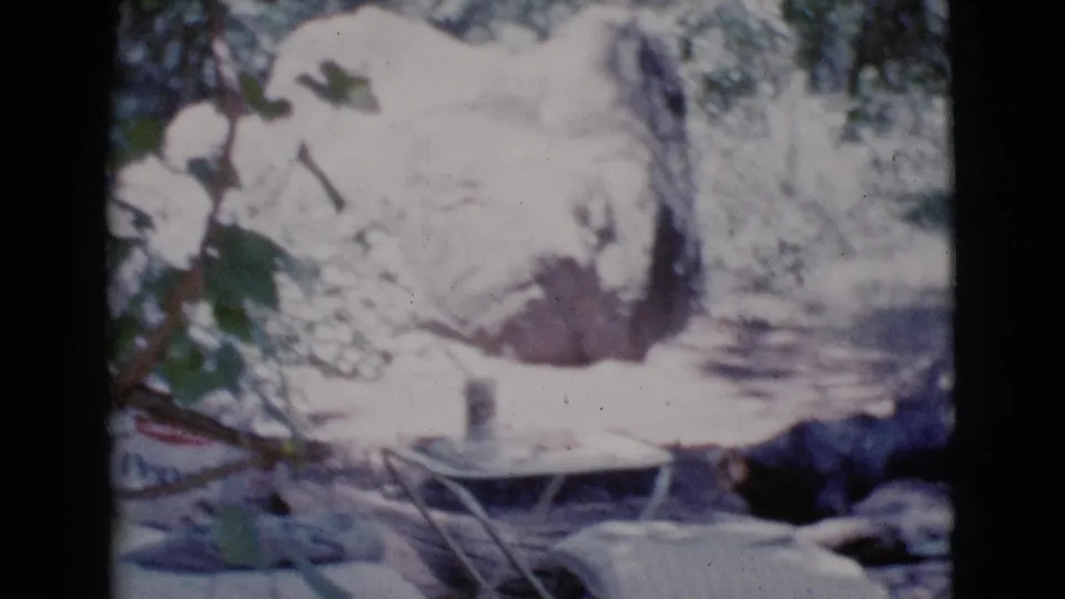 Soft 8mm frame from the Cottonwood campsite showing folding furniture, trees, and bright sun across the camping area.