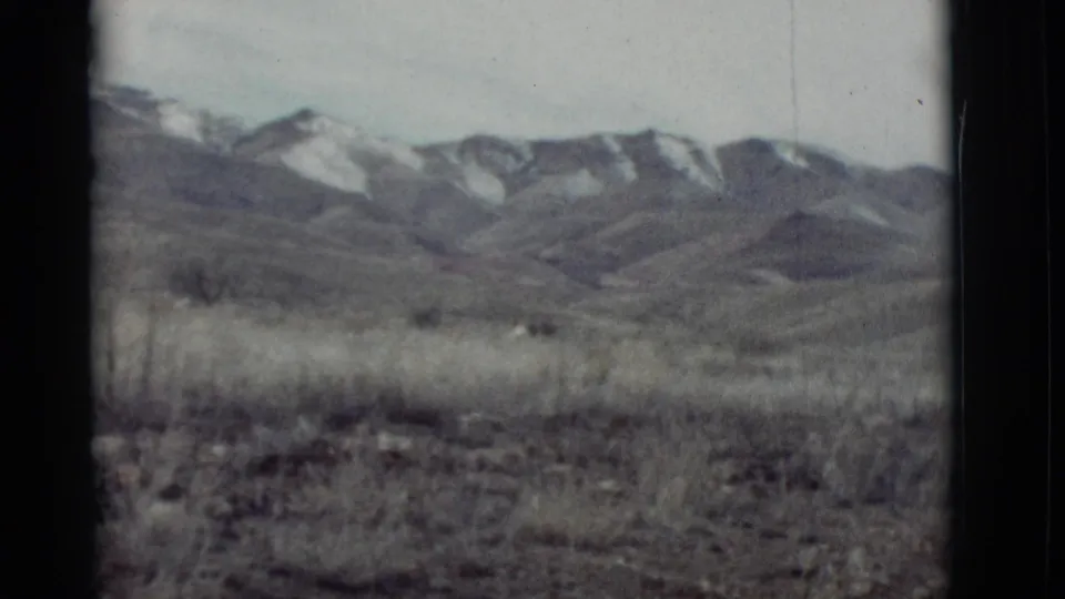 Faded 8mm New Mexico landscape with scrubby foreground, rolling plain, and snow-patched mountains in the distance.