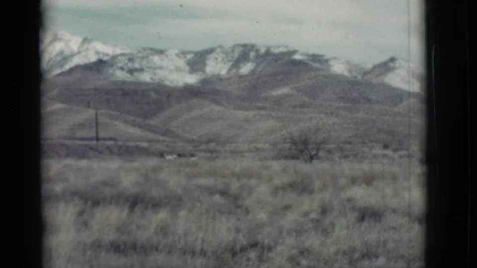 1964 New Mexico 8mm landscape with dry grasses, a small leafless shrub, utility poles, foothills, and snowy peaks.