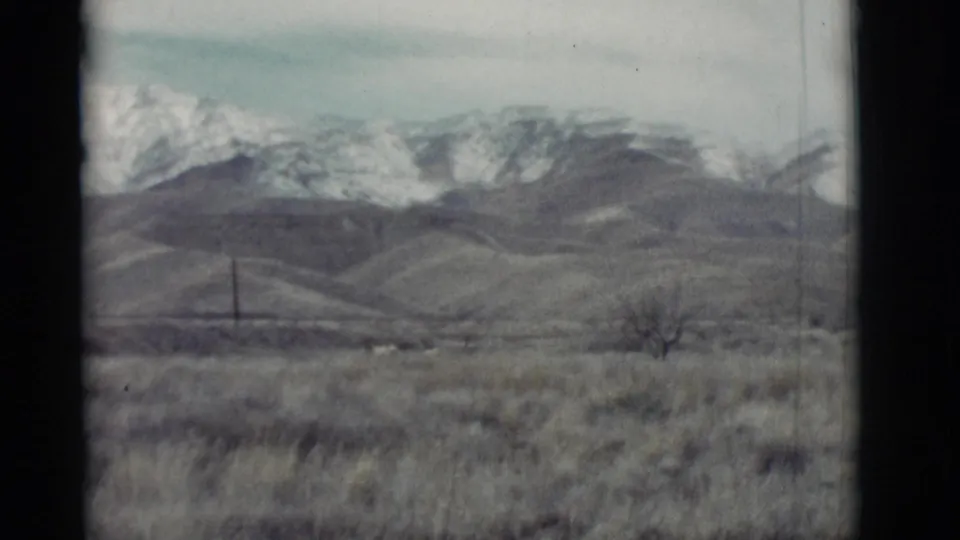 The New Mexico landscape remains steady, with pale grasses, utility poles, a leafless shrub, and distant snowy mountains.