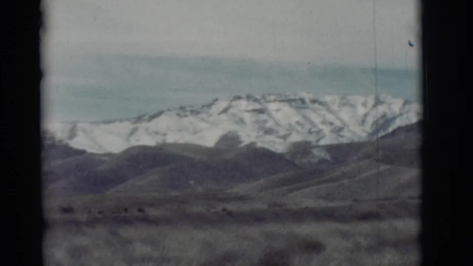 The deer is faint in the foreground field while New Mexico hills and snow-covered mountains fill the background.