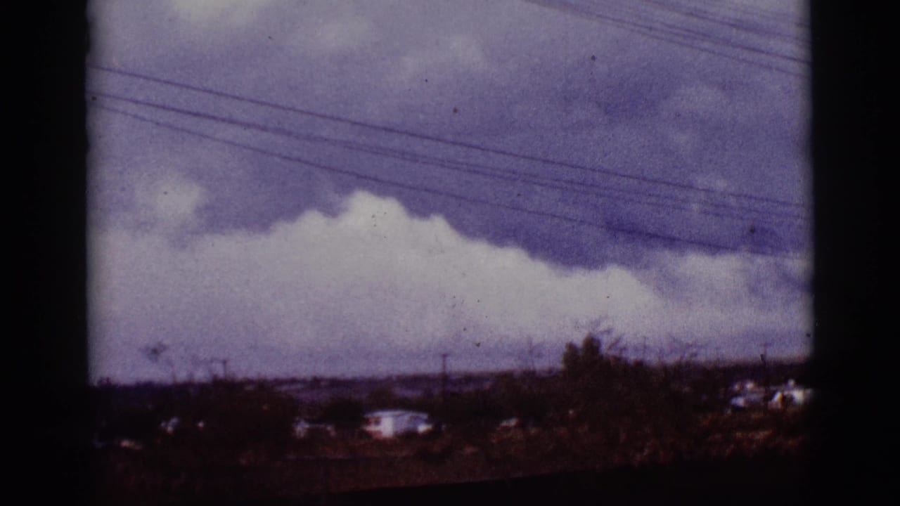Overcast sky above distant houses, trees, utility poles, and power lines.