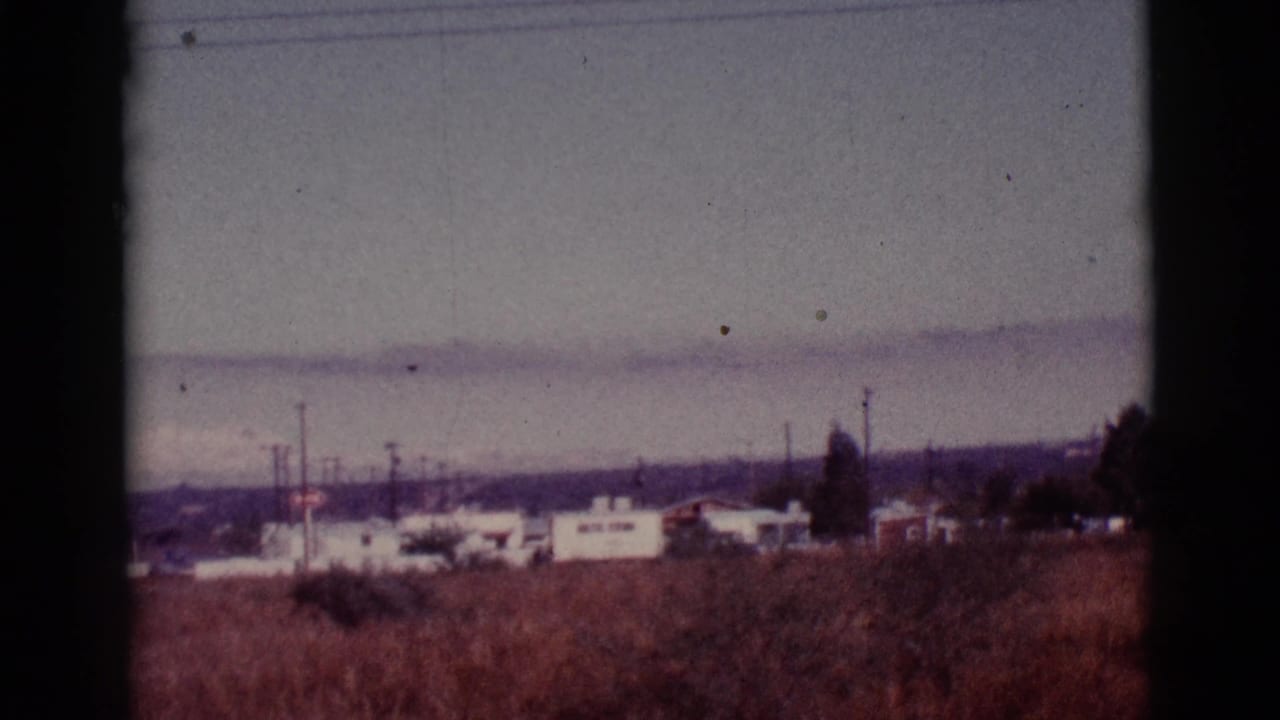 Trailer park structures and utility poles seen across open scrubland under a pale sky.