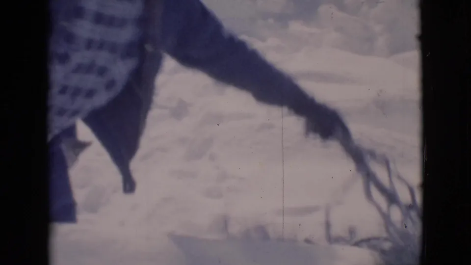 1966 8mm frame from Clarkdale, Arizona, showing a close view of branches being moved over snow.