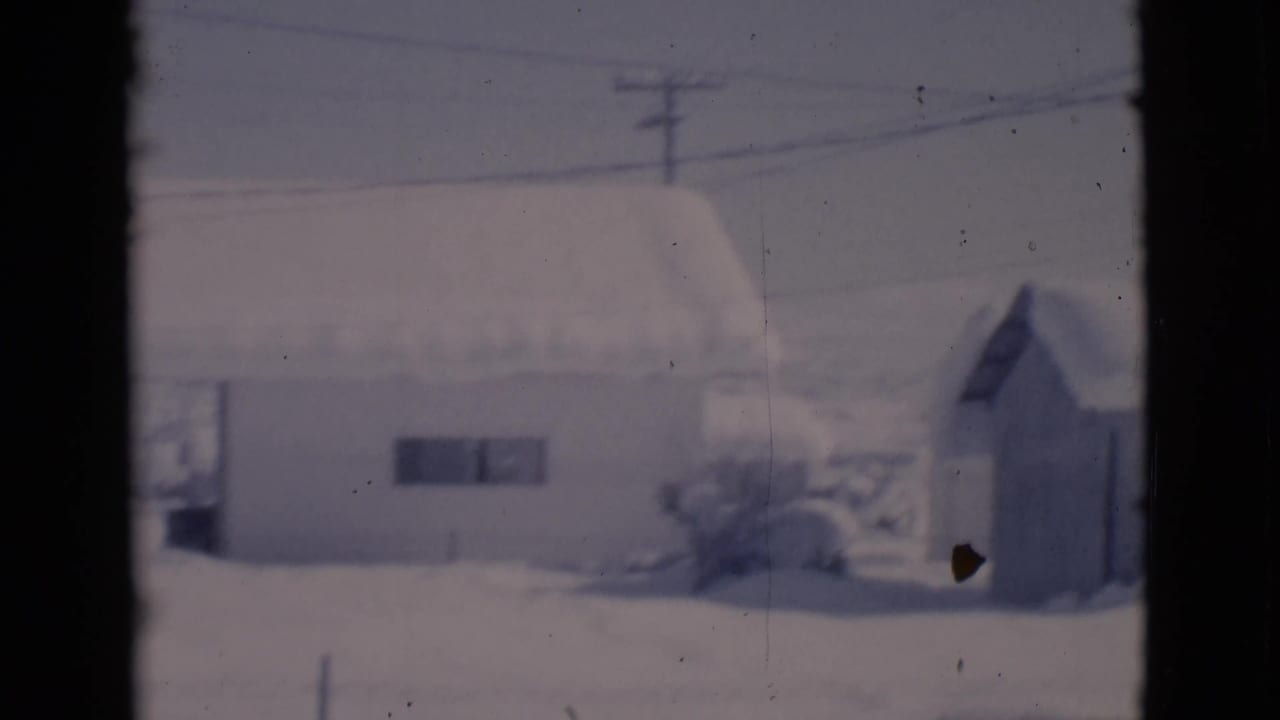 Snowy house, small shed, shrubs, utility pole, and overhead wires.