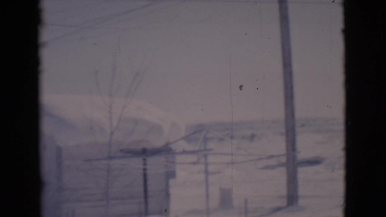 Snowy open ground with utility poles, bare branches, and low rural structures.