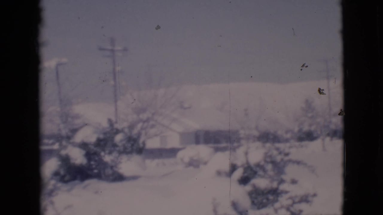 Snow-covered houses and trees beyond a window divider.