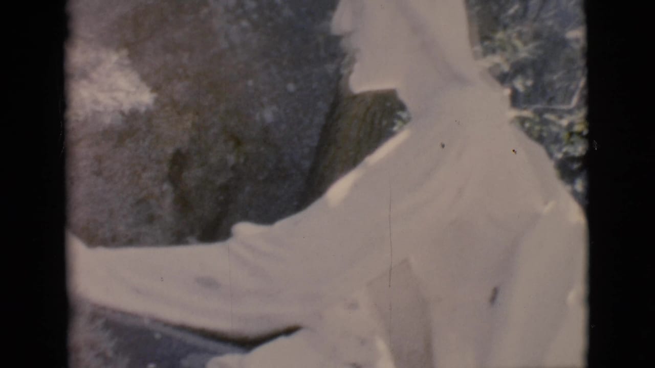 White statue seen close up in profile beside dark rocks and trees.