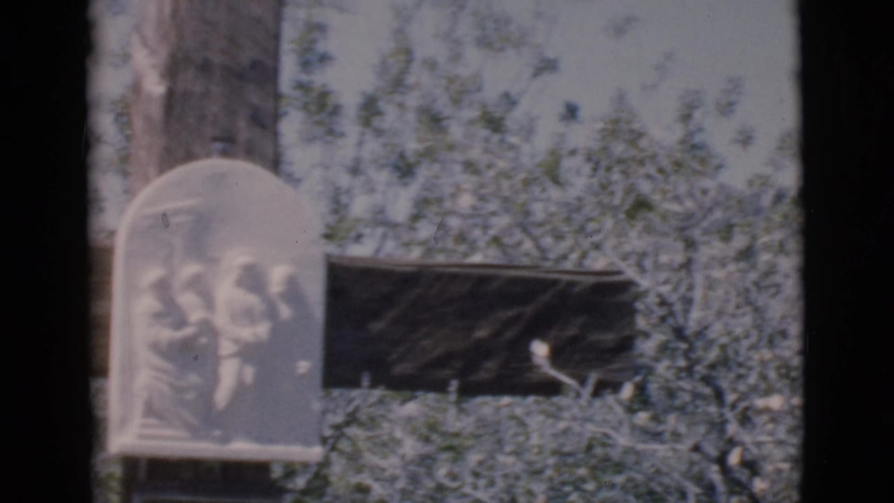 Close view of a pale religious plaque on a wooden cross with trees behind it.