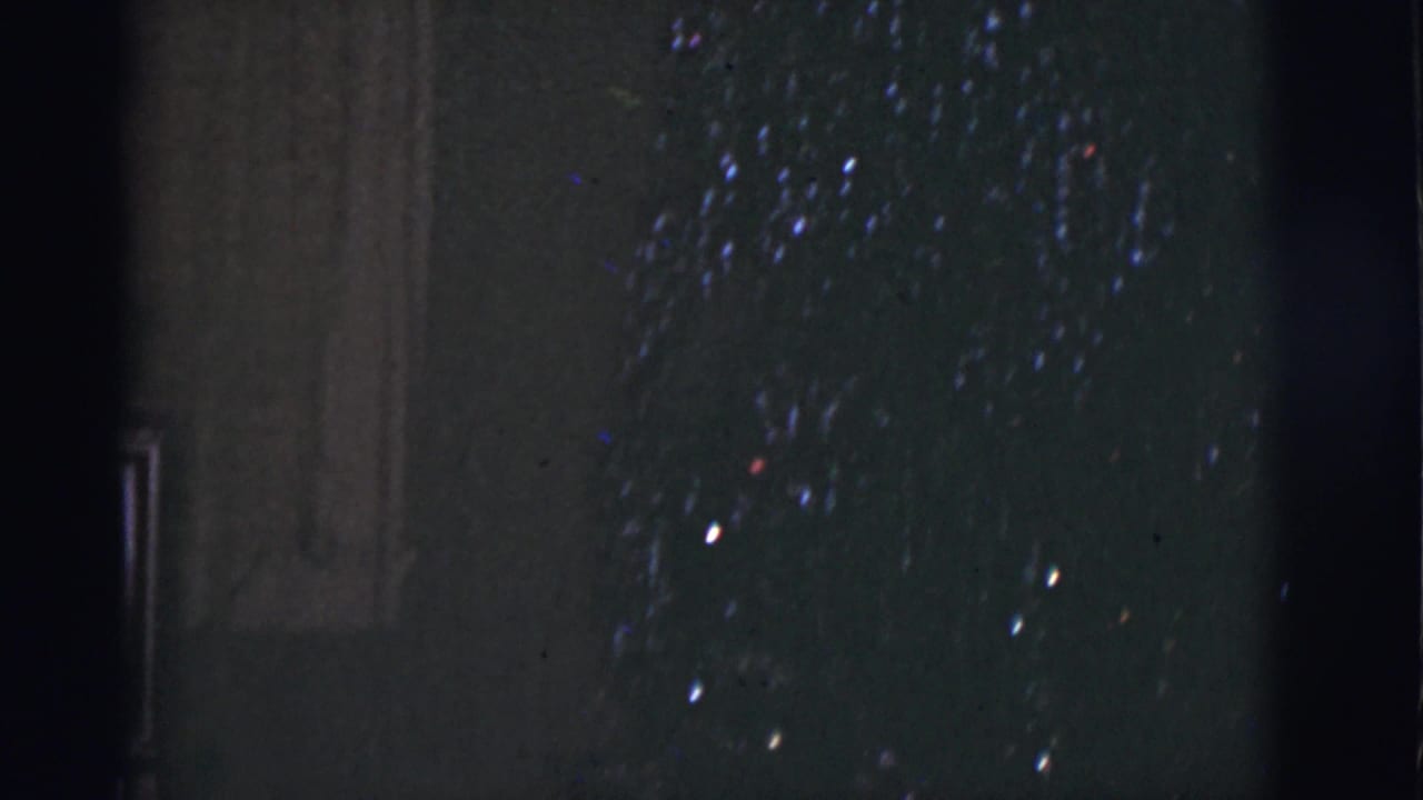 Dark tree-like decoration with scattered blue and red lights beside a shadowed vertical edge.