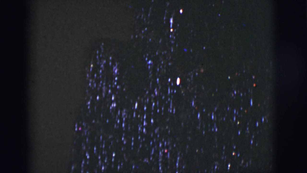 Cluster of blue and white light points on a dark tree-like shape near black frame edges.