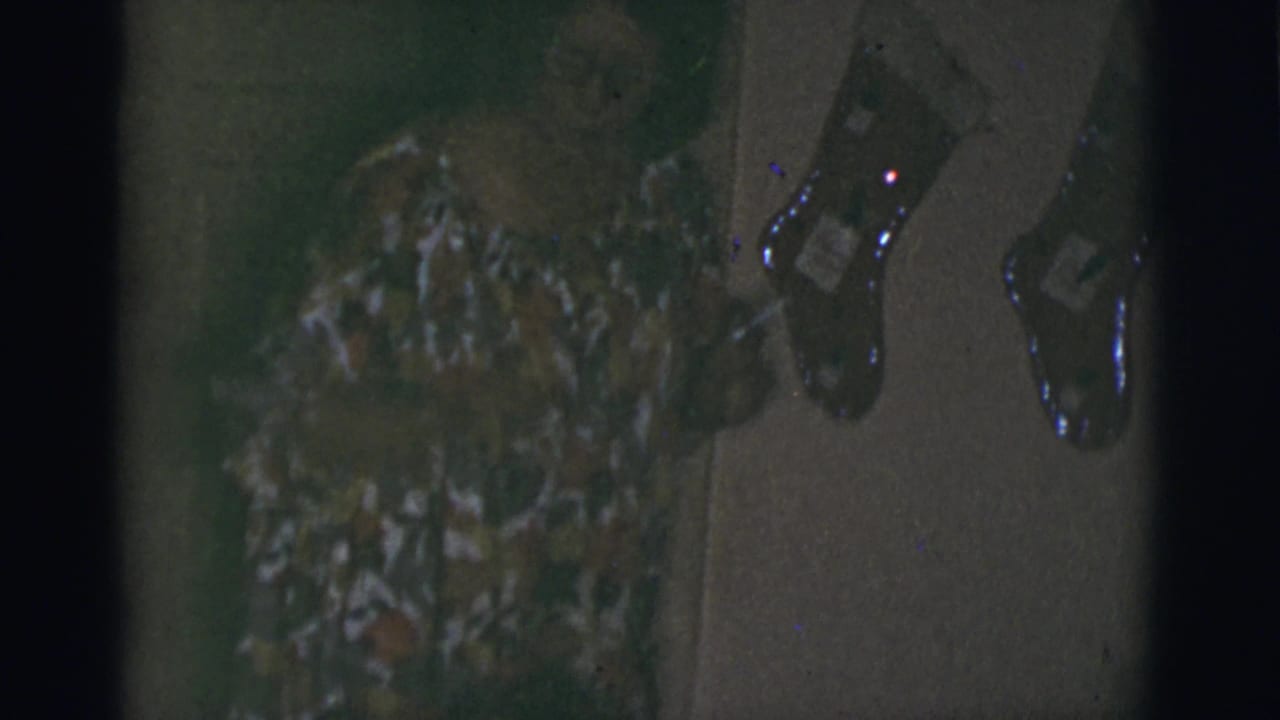 Woman in a floral dress bending near a small light-colored dog beside hanging stockings.