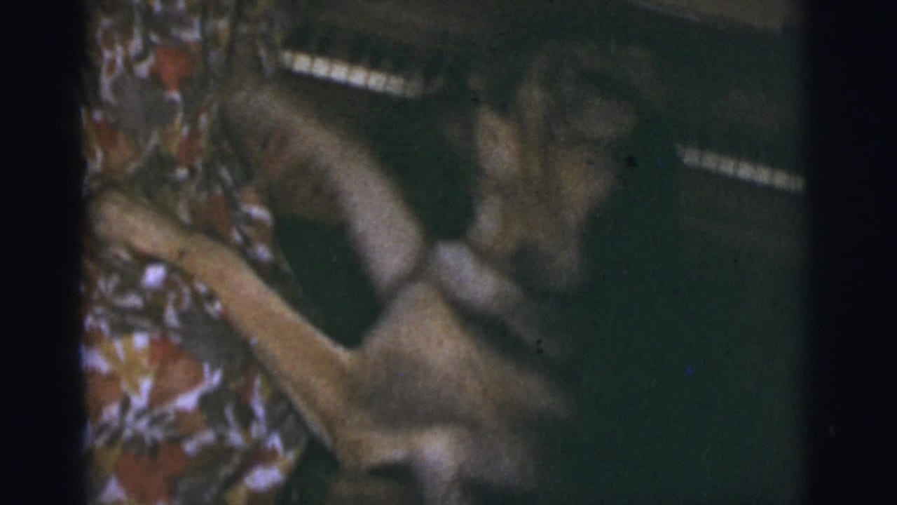A German Shepherd lounges near an upright piano in 1966 Tuscon, Arizona home-movie footage.