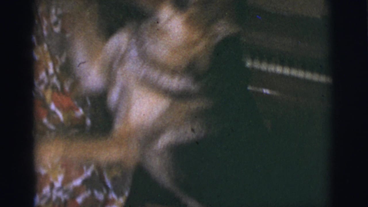 Dog moving on a couch or bench beside an upright piano.