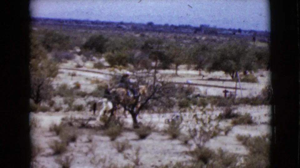 The horseback group recedes into a soft 8mm view of Arizona desert brush, low trees, sandy ground, and a fence line.