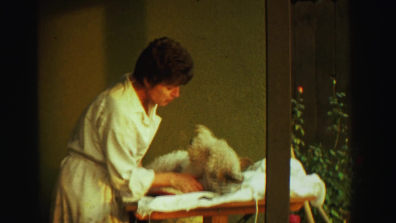 A woman in a white robe gently attends to a small dog on a table, consistent with the Reno, Nevada 1969 clip metadata.