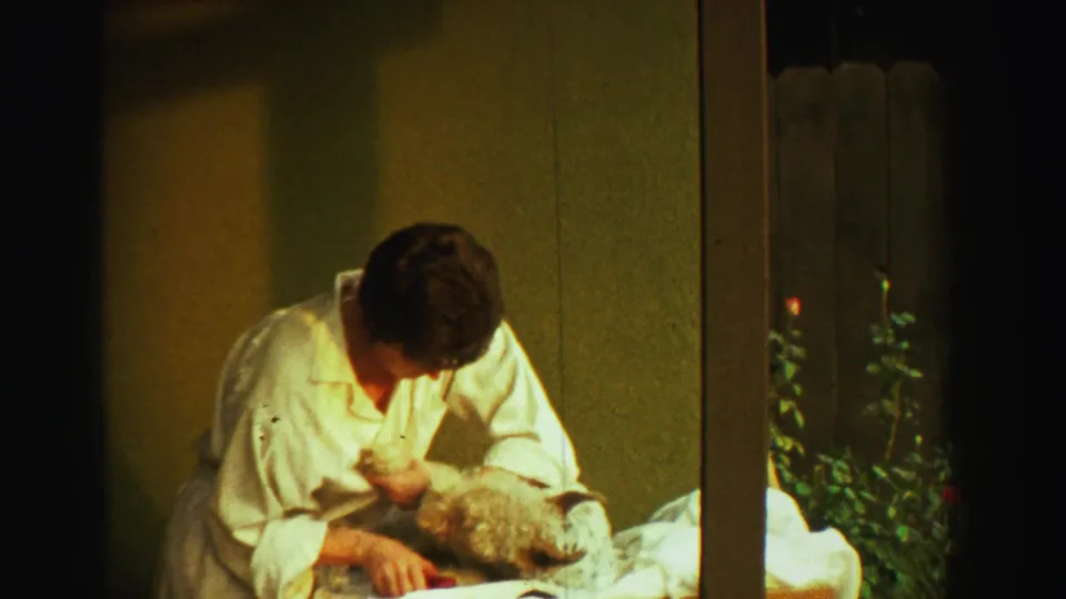 The woman leans close over the small dog on the cloth-covered table in a softly lit 1969 Reno home-movie scene.