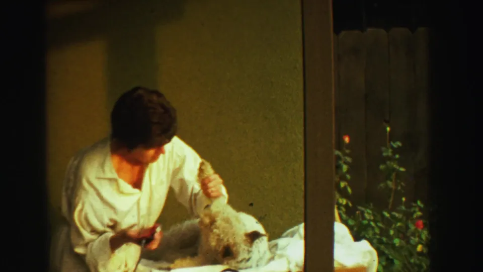 The final frame shows the woman lifting or steadying the small dog near the table in the 1969 Reno home-movie footage.