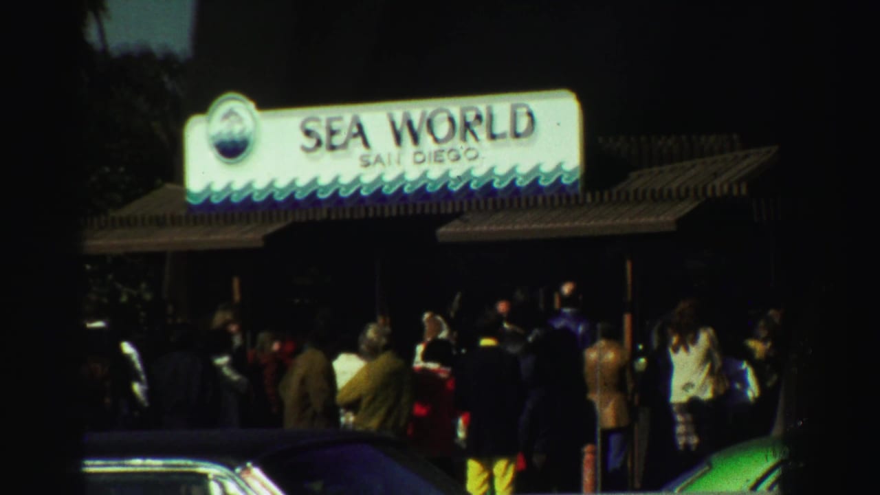 1969 8mm frame of visitors waiting beneath a bright Sea World San Diego sign, with classic cars in the foreground.