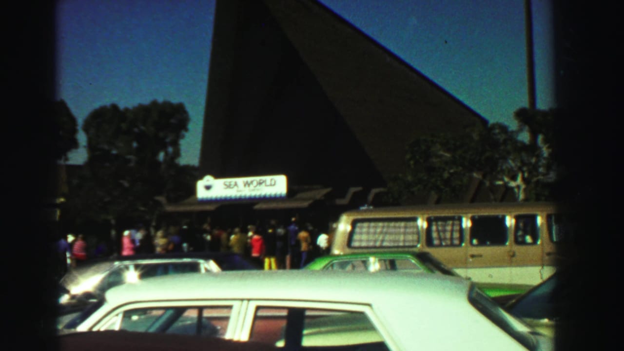 Sea World entrance with visitors, parked cars, a tan van, and a pointed-roof building.
