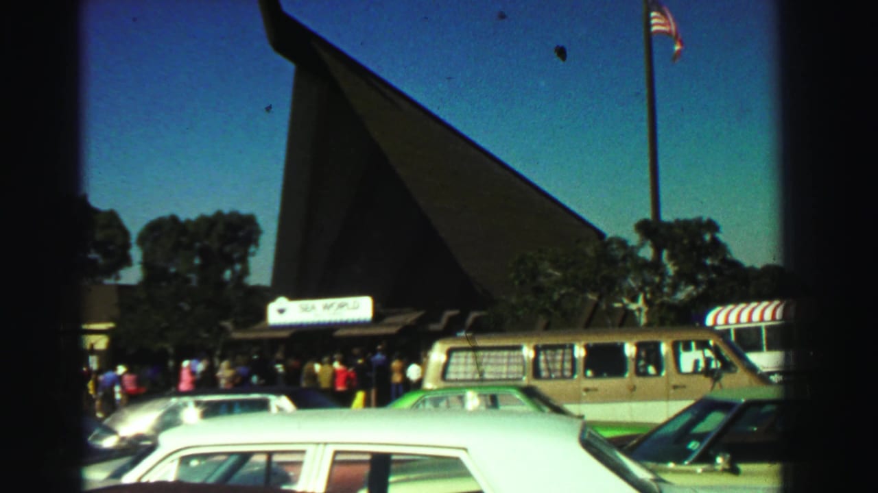 Sea World entrance with American flag, crowd, tan van, and cars in the foreground.