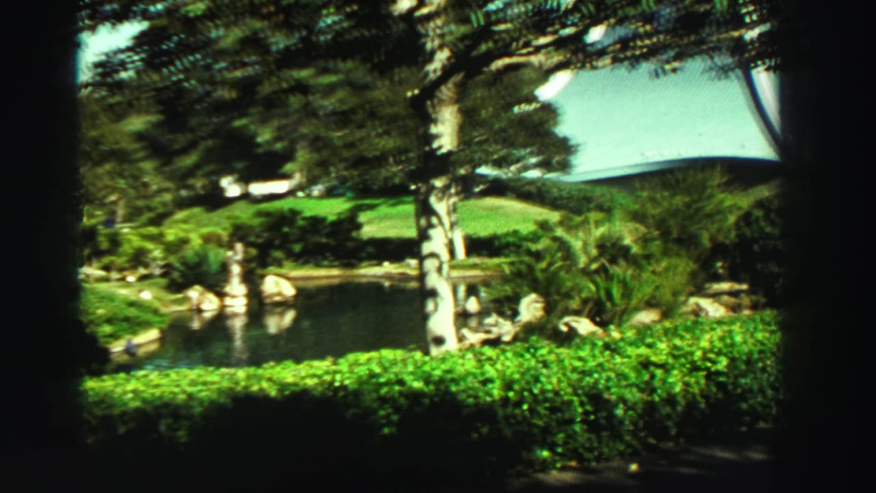 1969 Reno home-movie frame showing a landscaped pond bordered by greenery, trees, rocks, and bright lawn.