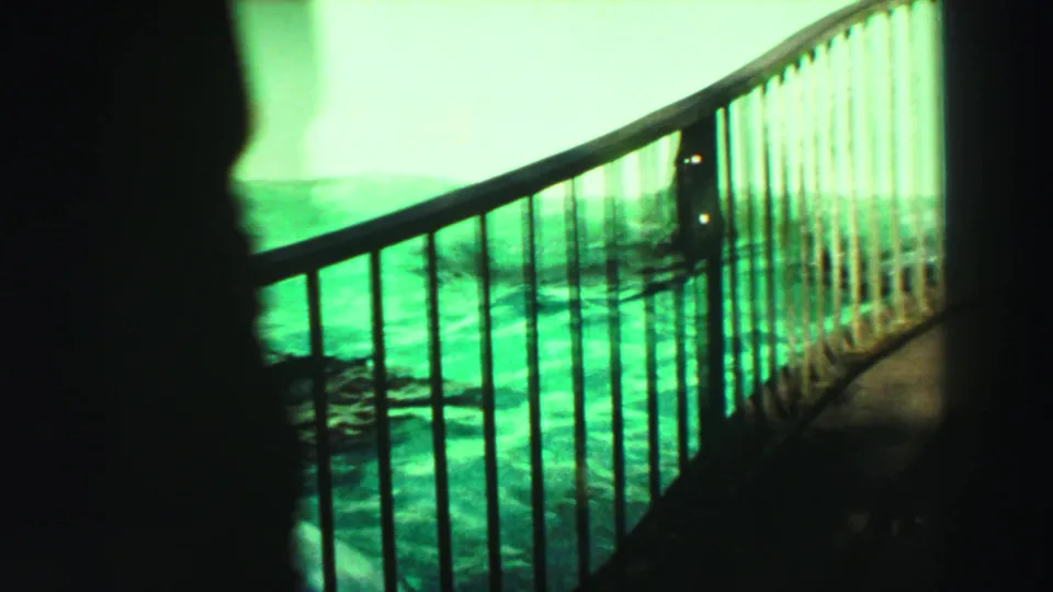 1969 Reno home-movie view of a curved barred enclosure beside green water, with a seal partly visible near the pool edge.