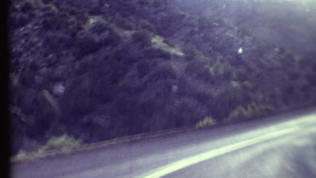 Road curve seen from a moving car, with hillside vegetation and bright glare near the upper edge.