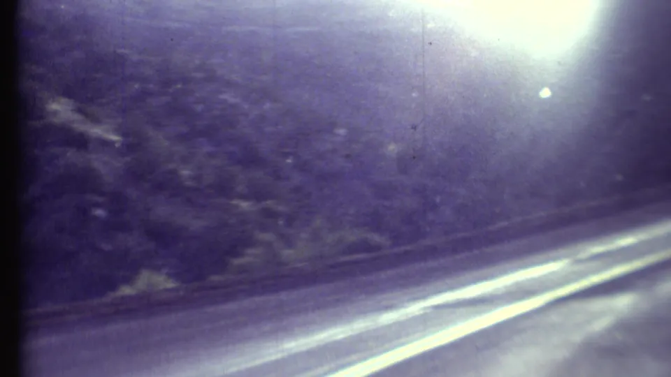 Moving 8mm dashboard footage shows yellow road markings, a roadside bank, vegetation, and strong light flare.