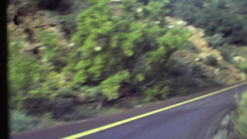 1972 8mm Grand Canyon region road-trip frame showing a winding asphalt road bordered by green trees and a rocky hillside.