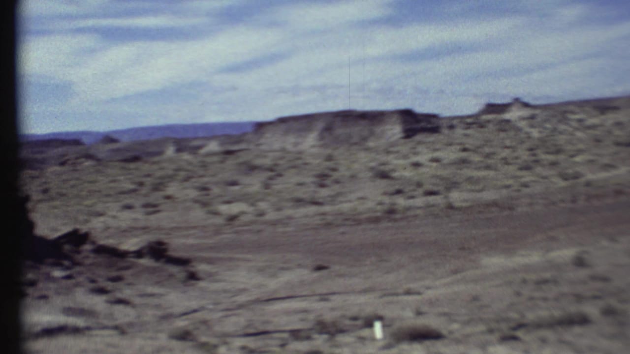 Sparse desert plain with scrub, distant mesas, pale sky, and a dark vertical frame edge.