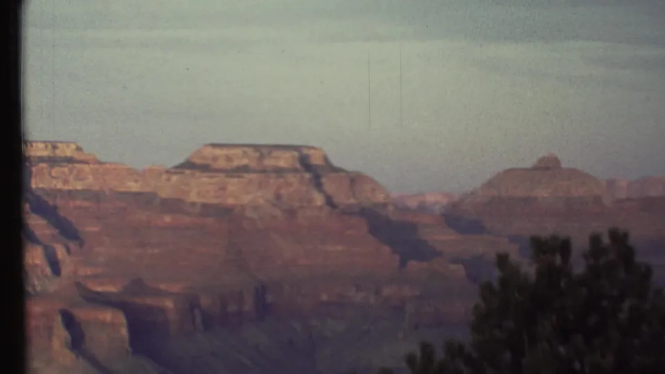 1972 8mm view of the Grand Canyon with reddish layered cliffs, pale sky, and a dark evergreen partially framing the lower right.